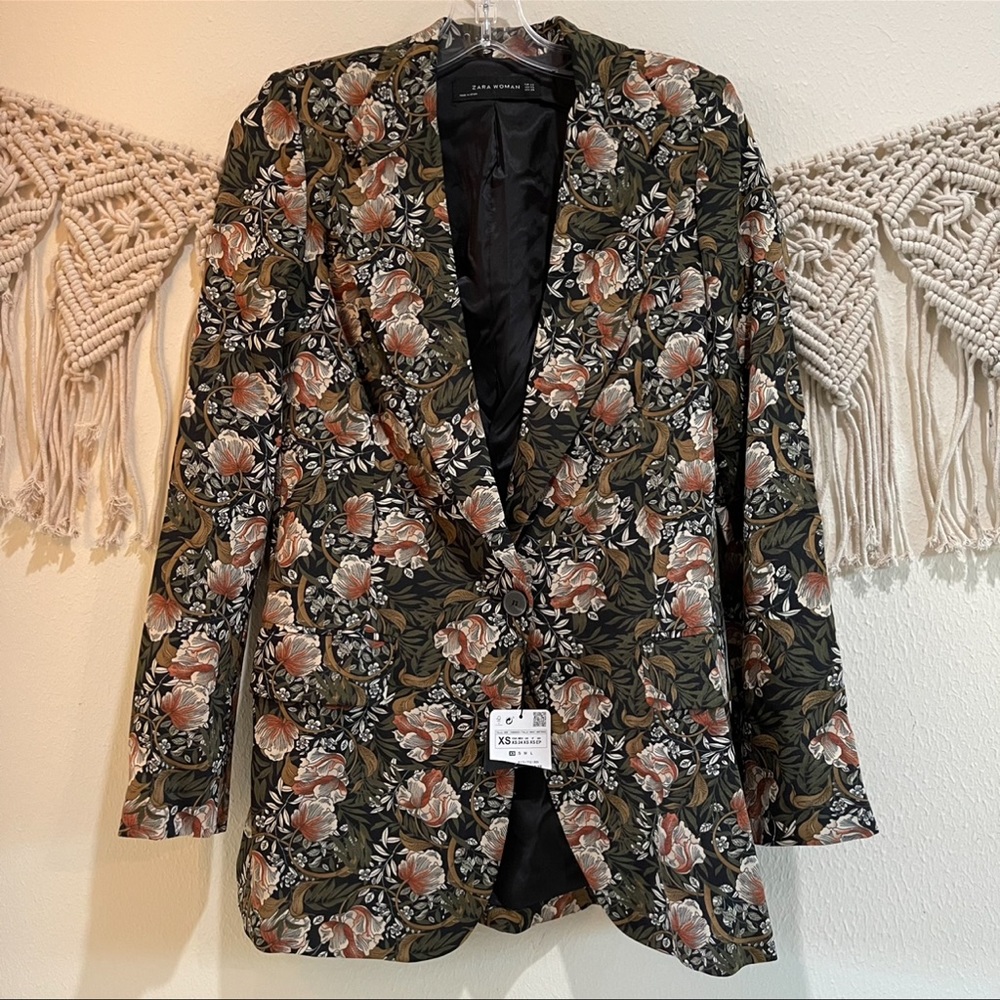 NWT Zara Green Brown Floral Print Mid Length Blazer Size XS